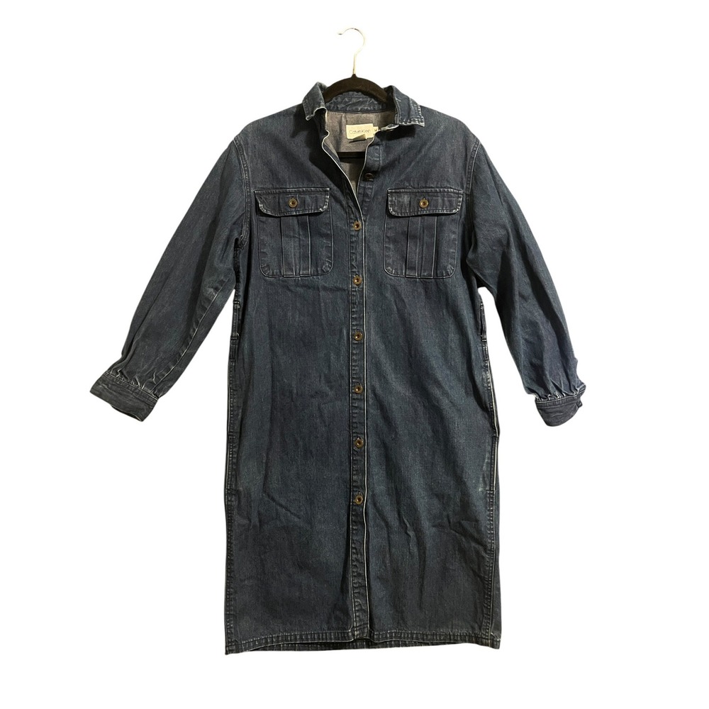 Vtg Calvin Klein Denim Shirt Dress M Dark Wash Japan 90s Midi Utility Streetwear